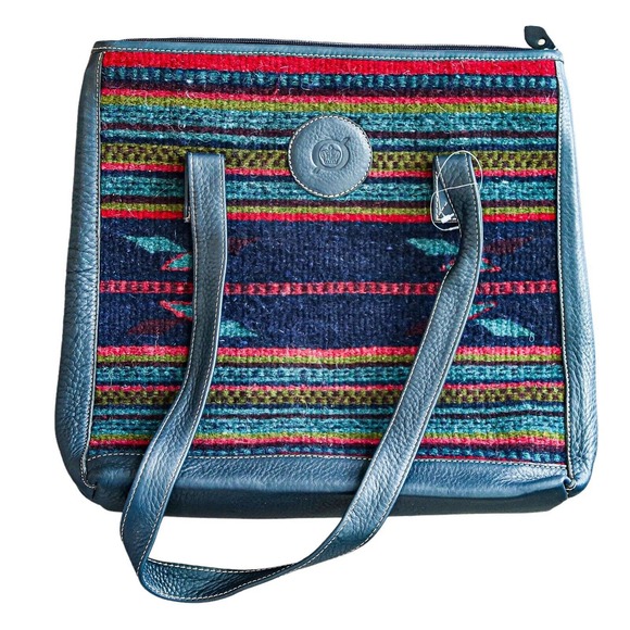 Born 100% Leather And Wool Large Zip Tote Bag Blue Red Mexican Motifs - Picture 2 of 7